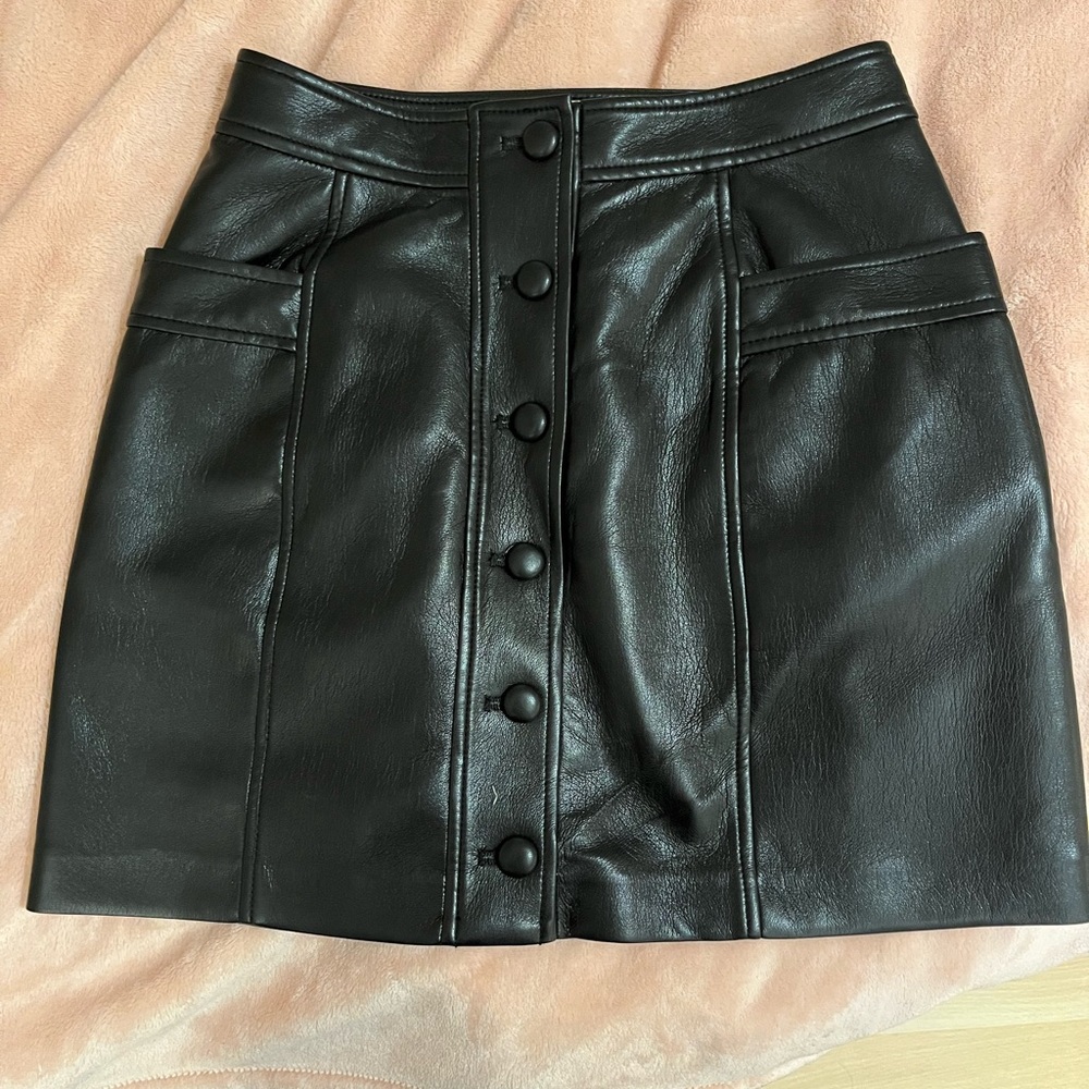 Aritzia Black Faux Leather Button-Front Mini Skirt